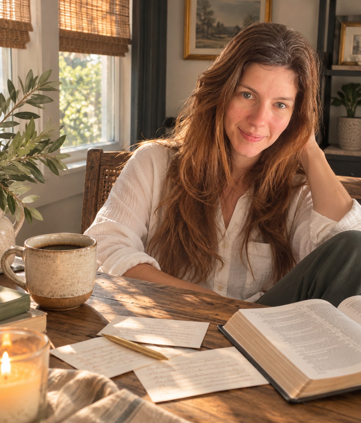A mama seated at a sunlit wooden table with a lit candle, a mug of coffee, an open journal, and olive branches